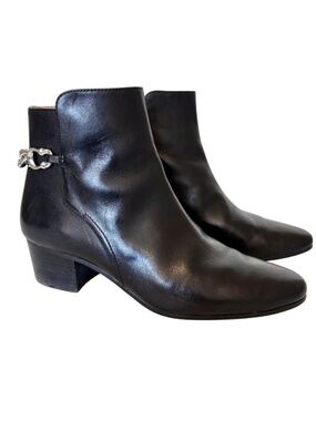 Coach Ankle Chain Black Leather Moto Booties 1.75" Block Heel Sz 8.5 Carissa